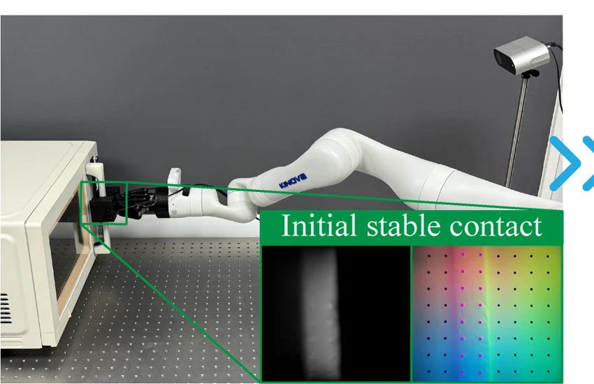 A robot gripper establishes tactile contact with a microwave handle